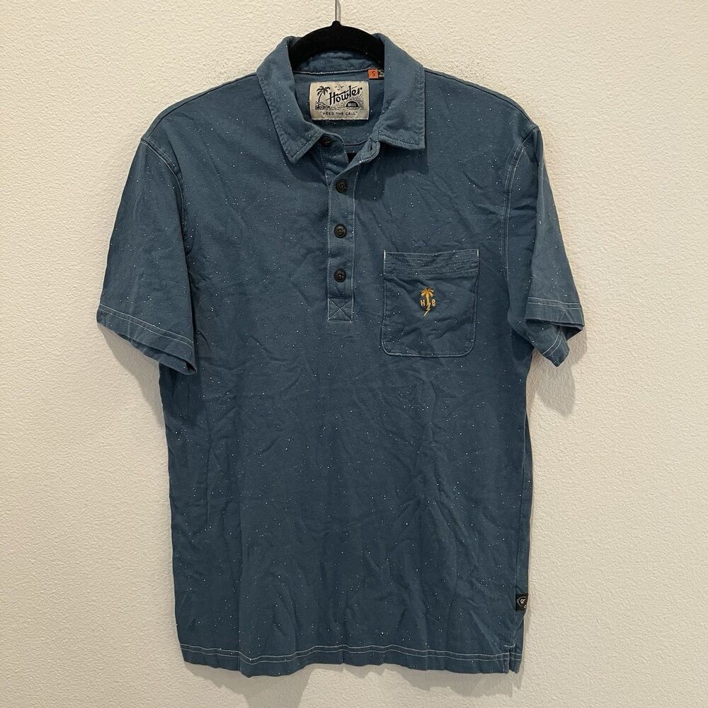 Howler Bros Clubman Polo Shirt Men's S Blue Speckled Cotton Blend Palm Tree